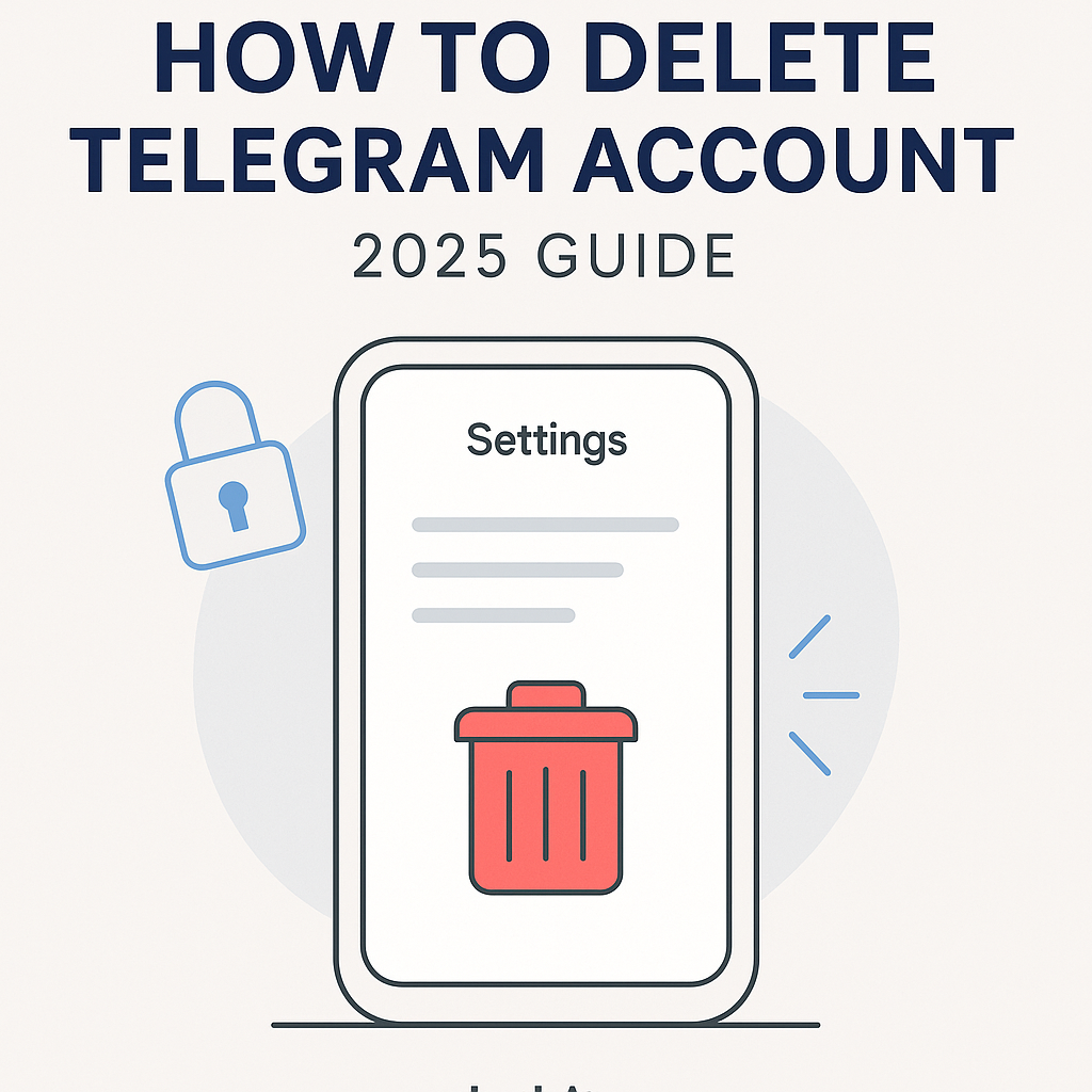 Illustration of a smartphone showing a red trash bin under settings, symbolizing how to delete a Telegram account – 2025 guide.
