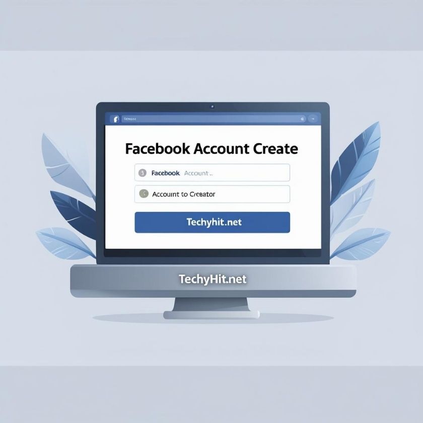 Facebook account creation screen on laptop illustration with leaves in background – techy style