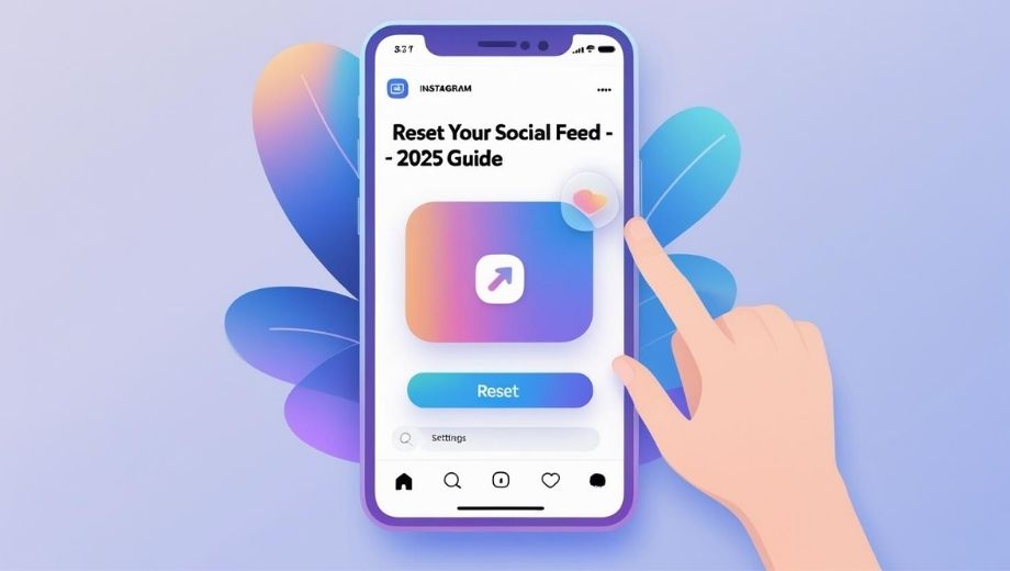 Flat illustration showing a hand tapping reset on a phone screen with text “Reset Your Social Feed” — used for how to reset Instagram algorithm guide.