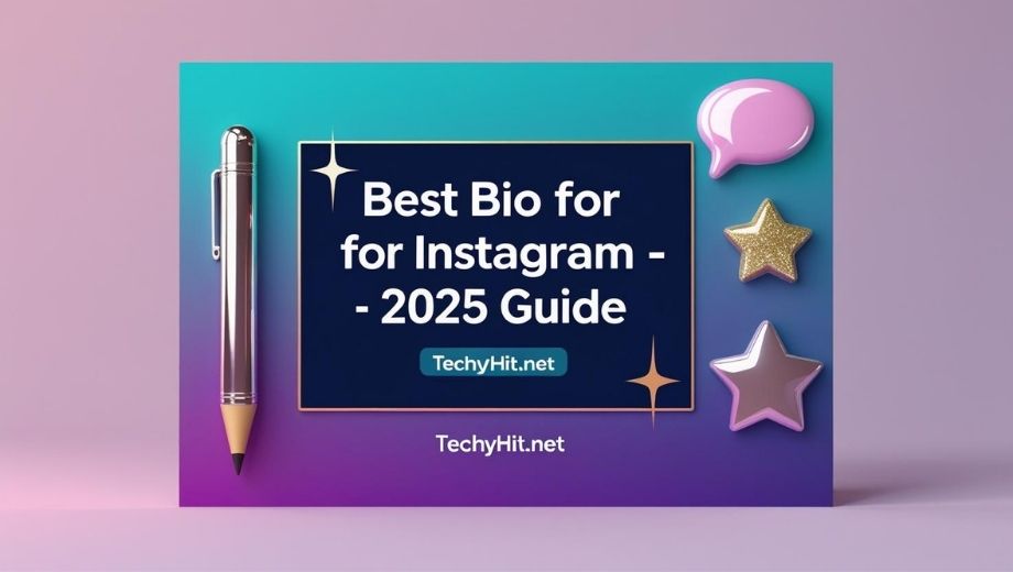 Colorful digital banner titled “Best Bio for Instagram – 2025 Guide” with a notebook, pen, and star icons on a pink-purple background.