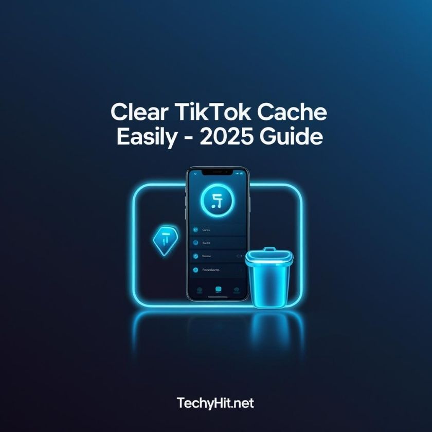 Step-by-step illustration showing how to clear TikTok cache on a smartphone, with icons for settings and trash.