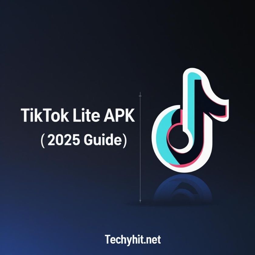 TikTok Lite APK 2025 guide image with TikTok logo on dark background – TechyHit.net
