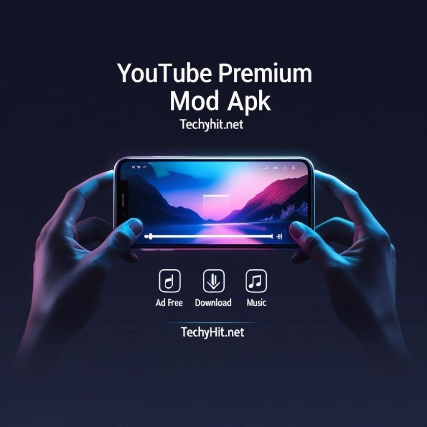 YouTube Premium Mod APK visual banner showing hands holding smartphone with dark UI – TechyHit.net